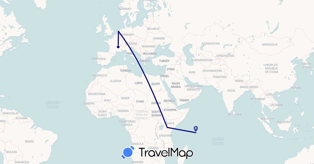 TravelMap itinerary: driving in France, Kenya, Netherlands, Seychelles (Africa, Europe)